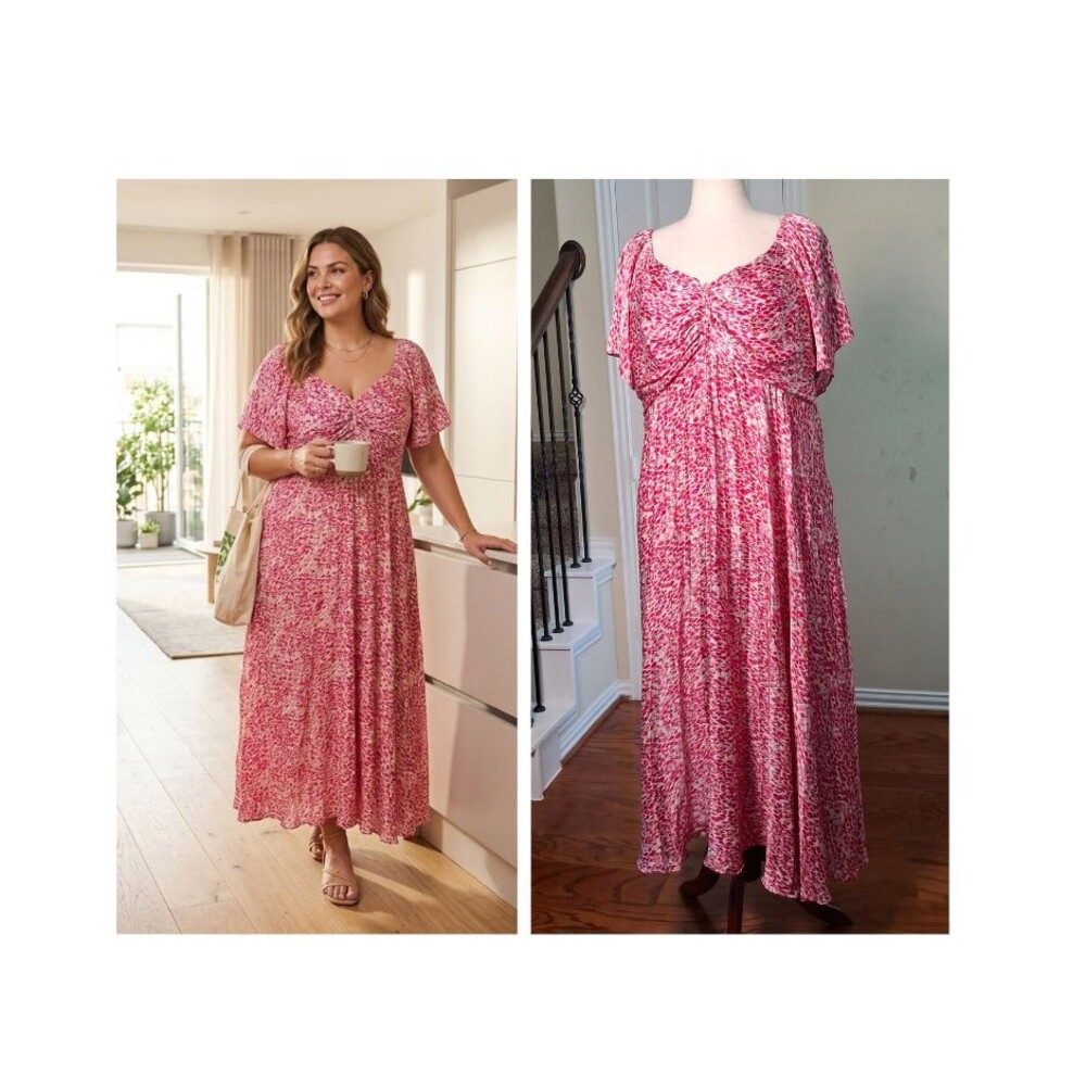 Skies Blue Curvy Pink Leopard Print Dress 2X Ruched Empire Waist Bump Friendly